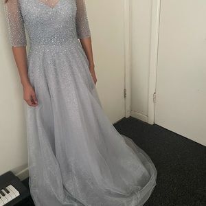 Brand New Teri Jon Platinum Beaded Gown